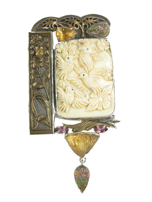 Hand Carved Bone with Citrine, Drusy and Pink Tourmaline Sterling Silver Pin Pendant
