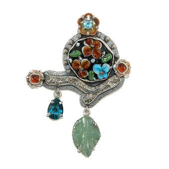 22714 Hessonite, Handmade Glass, Aventurine Pin / Pendant