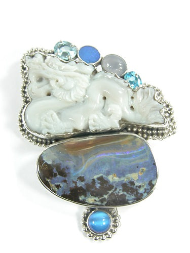 Carved Opal Dragon Topaz Sterling Silver Pin and Pendant