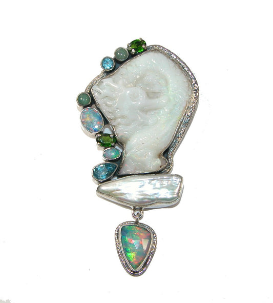 22717 Hand Carved Opal Dragon with Freshwater Pearl Sterling Pin