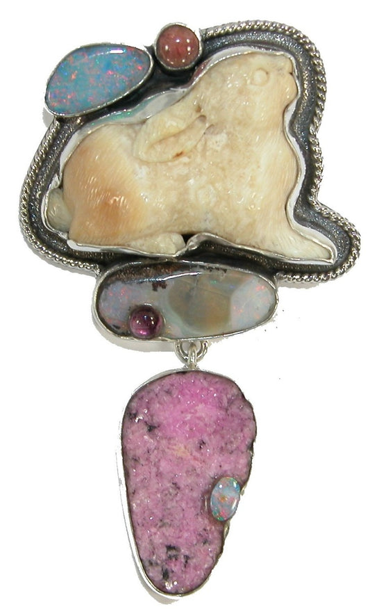 Carved Bunny Opal Tourmaline Sterling Silver Pin Pendant