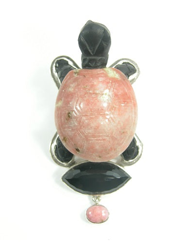 Obsidian Jade Turtle Black Onyx Rhodochrosite Sterling Silver Pin Pendant