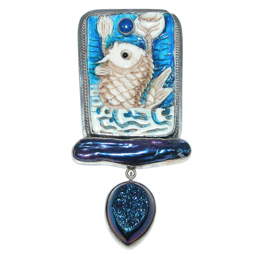 Carved Fish Freshwater Pearl Sterling Silver Pin and Pendant