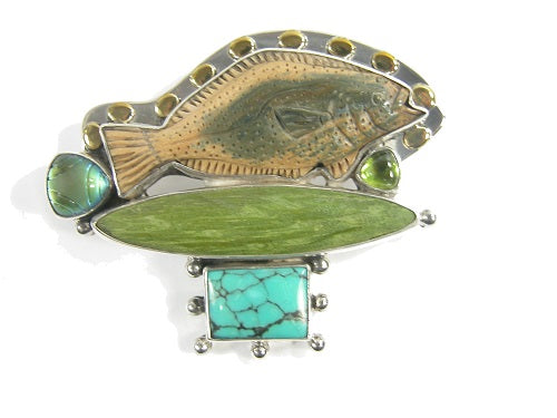 Carved Fossil Ivory Fish Turquoise Sterling Silver Pin Pendant