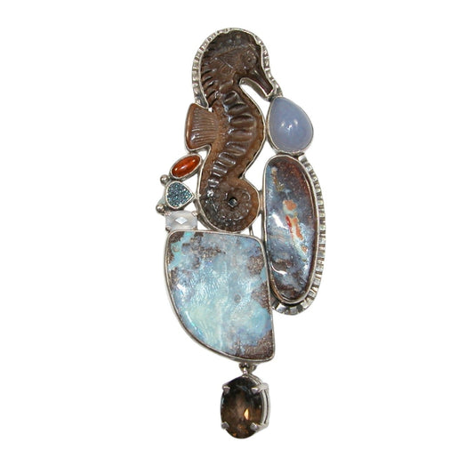 Carved Seahorse, Boulder Opal Sterling Silver Pin and Pendant