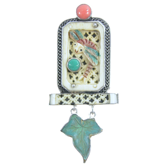 22741 Hand Carved Turquoise, Hand Enameling, Quartz, Sterling Silver Pin and Pendant