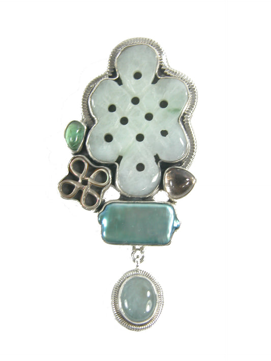 22745 Aquamarine, Freshwater Pearl, Apatite, Quartz, Sterling Silver Pin Pendant