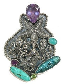 22753 Sterling Silver Sealife Amethyst Turquoise Freshwater Pearl Peridot Amazonite Pin Pendant