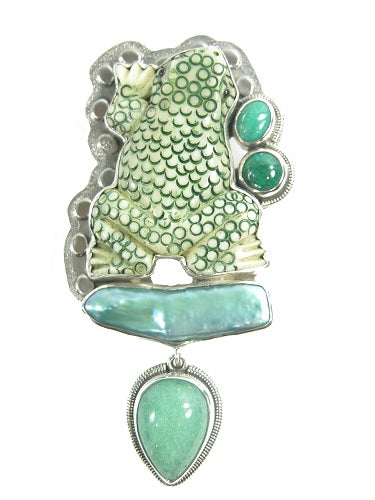 Carved Scrimshaw Bone Frog Freshwater Pearl Aventurine Turquoise Malachite Sterling Silver Pin and Pendant