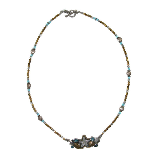 Blue Topaz, Coated Hematite, Crystal Beaded Sterling Silver Necklace