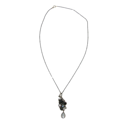 22776C Carved Starfish, Pearl, Onyx Sterling Silver Necklace