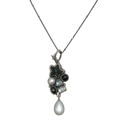 22776C Carved Starfish, Pearl, Onyx Sterling Silver Necklace