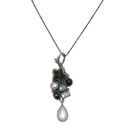 22776C Carved Starfish, Pearl, Onyx Sterling Silver Necklace