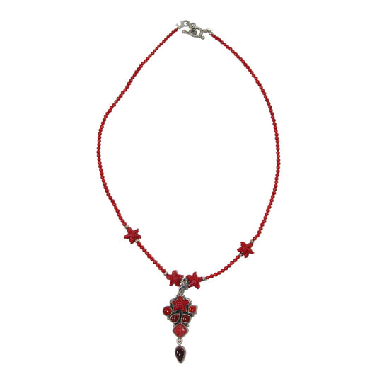 22776 Garnet, Coral, Quartz Starfish Cluster Sterling Silver Necklace