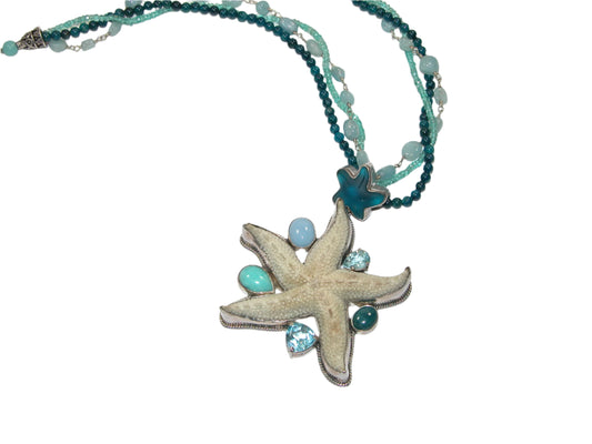 22788A Carved Starfish Multi-Strand Beaded Sterling Silver Necklace and Pendant