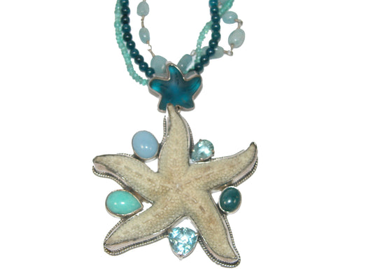 Carved Starfish Multi-Strand Beaded Sterling Silver Necklace and Pendant