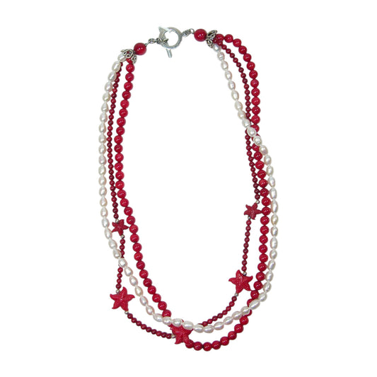 22797A Freshwater Pearl, Carnelian Three Strand Sterling Silver Necklace