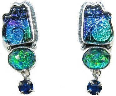Dichroic Glass Cat Faceted Blue Quartz Sterling Silver Earring