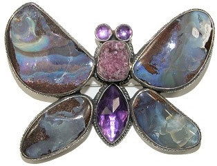 Bouler Opal Butterfly Amethyst Drusy Sterling Silver Pin Pendant