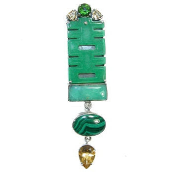 22819 Carved Green Agate Chrysoprase Faceted Citrine Malachite Sterling Silver Pin Pendant