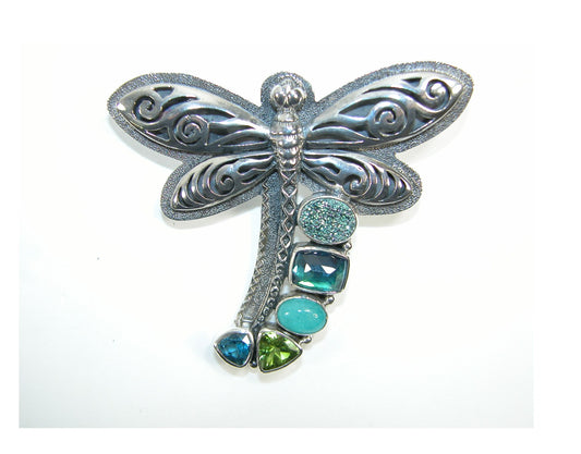 Sterling Silver Dragonfly, Turquoise, Vesuvanite and Blue Topaz Earring