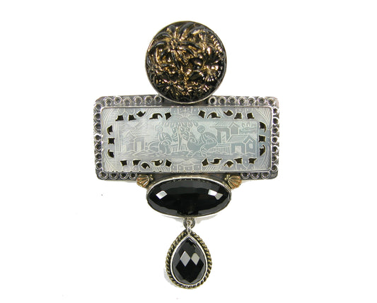 22830 Vintage Chinese Game Piece, Black Onyx Sterling Silver Pin Pendant