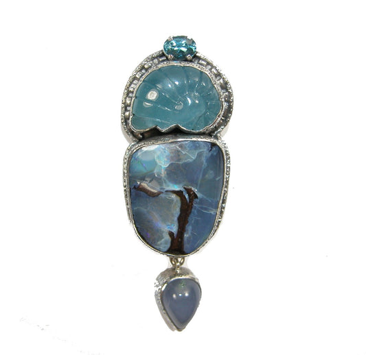 Blue Topaz Aqua Bolder Opal Chalcedony Pin Pendant