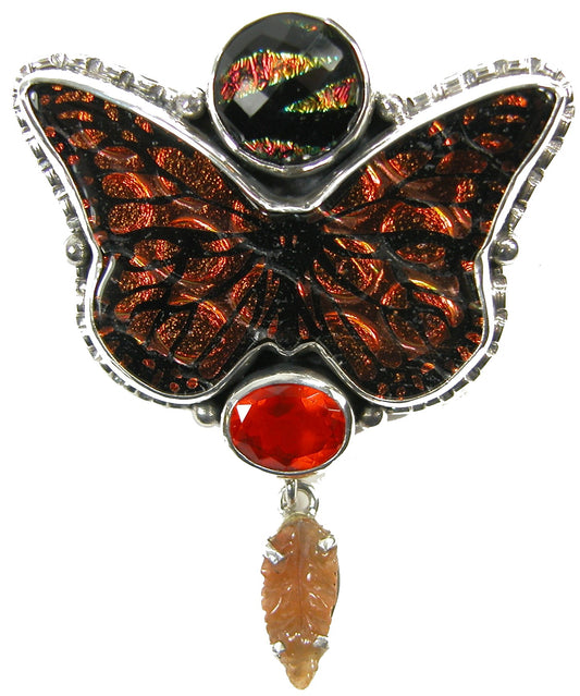 22843 Dichroic Glass Carnelian Sterling Silver Butterfly Pin and Pendant