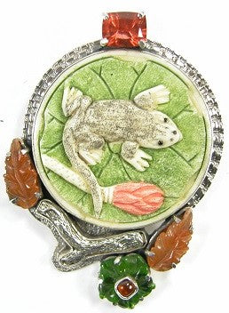 Carved Lizard Carnelian Leaf Flower Sterling Silver Pin Pendant