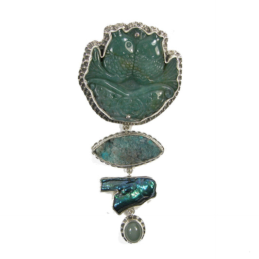 Carved Jade Fish, Pearl Sterling Silver Pin and Pendant