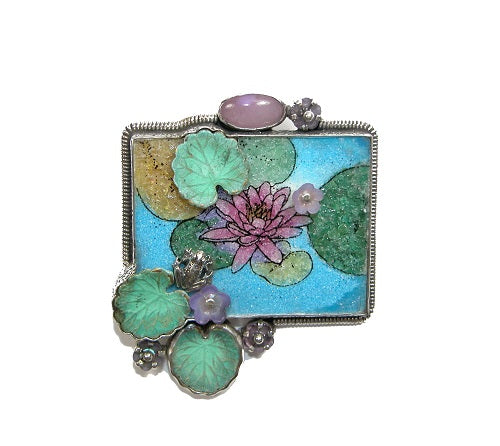 Sugilite Gemstone Mosaic Lilypad Sterling Silver Pin Pendant