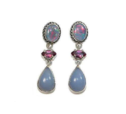 Chalcedony Vintage Glass Pink Tourmaline Sterling Silver Earring