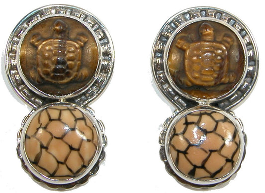 22878 Carved Tiger's Eye and Ceramic on Sterling Silver Earring
