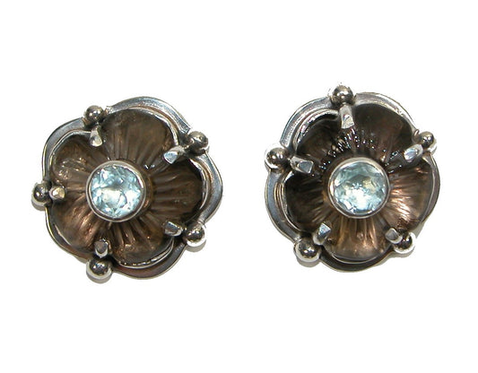 22883 Smoky Topaz Flower and Blue Topaz on Sterling Silver Earring