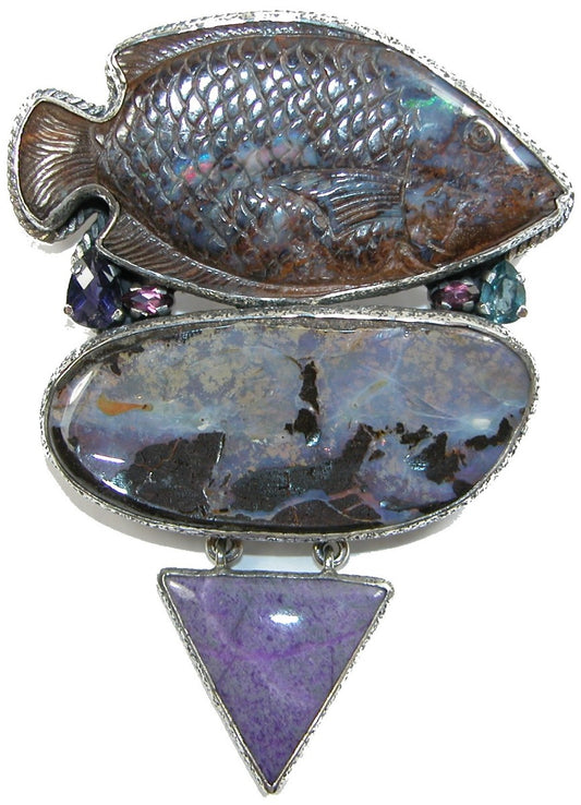 Carved Boulder Opal Fish Sugilite Amethyst Sterling Silver Pin Pendant