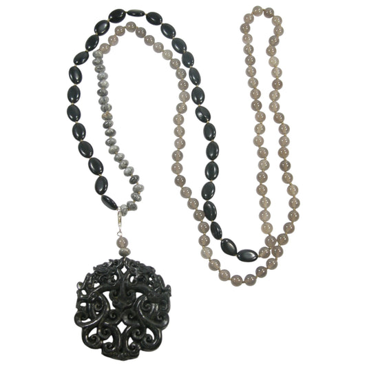 22892 Grey Agate, Black Agate, Picasso Jasper, Carved Jade Beaded Sterling Silver Necklace