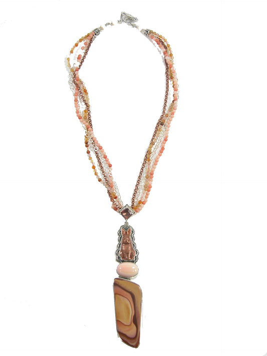 22893B Jasper Pink Shell Coral Carnelian Sterling Silver Necklace