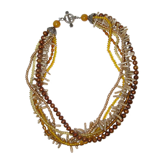 Freshwater Pearl, Crystal Five Strand Beaded Sterling Silver Necklace