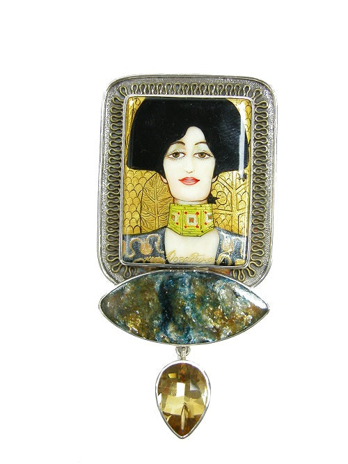 Hand Painted Russian Miniature Klimt Pyrite Sterling Silver Pin Pendant