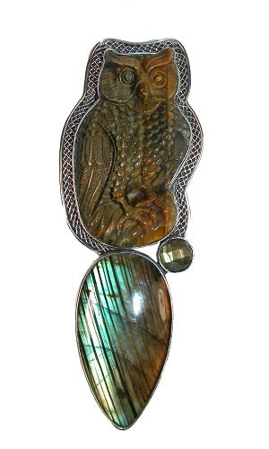 Carved Tiger's Eye Owl Labradorite Sterling Silver Pin Pendant