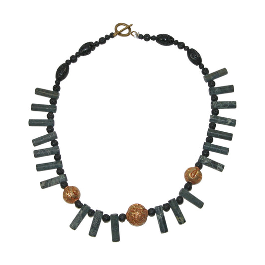 28915 Lava Stone, Gold Clad Repoussee Beaded Sterling Silver Necklace