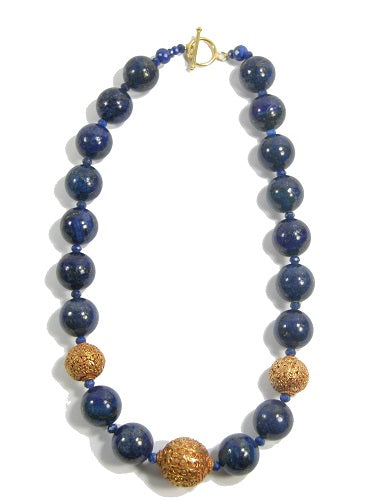 Lapis Gold Clad Repousse Bead Vermeil Toggle Clasp Necklace