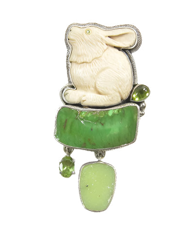 Hand Carved Fossil Bunny Green Turquoise Drusy Sterling Silver Pin and Pendant