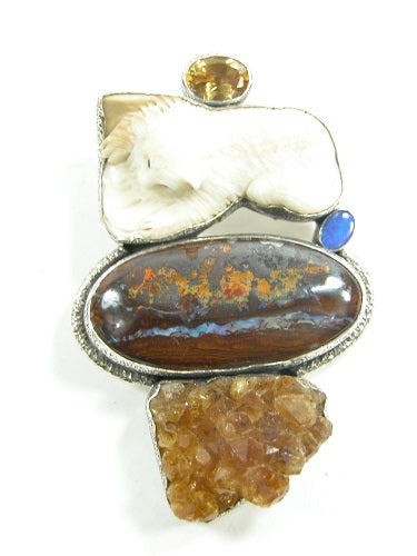 ONE OF A KIND Carved Fossilized Mammoth Ivory Cat Boulder Opal Sterling Silver Pin Pendant