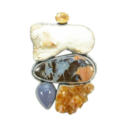 Hand Carved Cat, Boulder Opal Sterling Silver Pin and Pendant