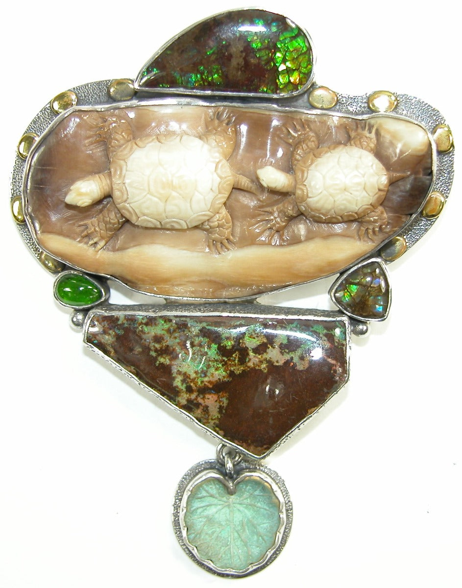 Ammolite Bolder Opal Chrome Diopside Sterling Silver Pin Pendant