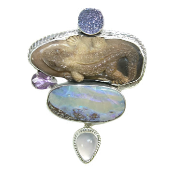 28934 Carved Fossilized Ivory Lizard Boulder Opal Chalcedony Drusy Amethyst Sterling Silver Pin and Pendant