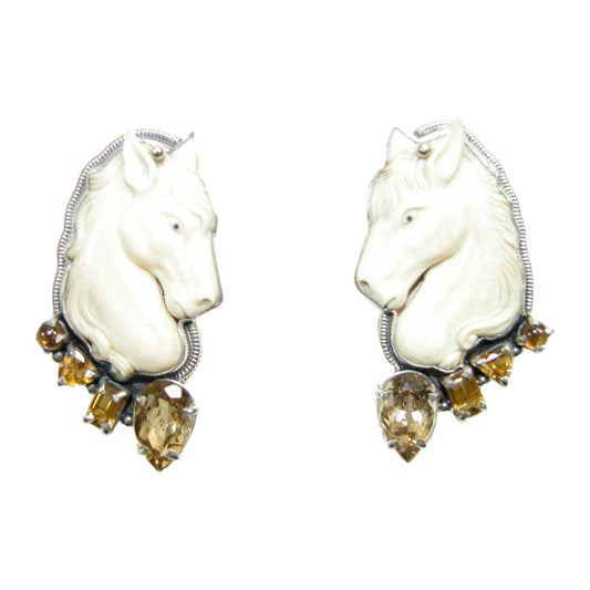 Hand Carved Fossil Ivory Horse, Citrine, Smoky Topaz Sterling Silver Earrings