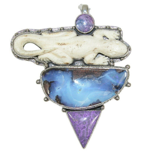 Hand Carved Antler Lizard with Boulder Opal Pin and Pendant