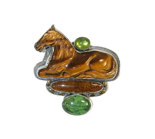Carved Tiger's Eye Horse Turquoise Sterling Silver Pin Pendant